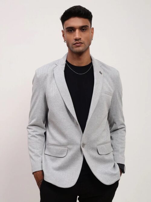Men's  Grey Solid Single-Breasted Blazer