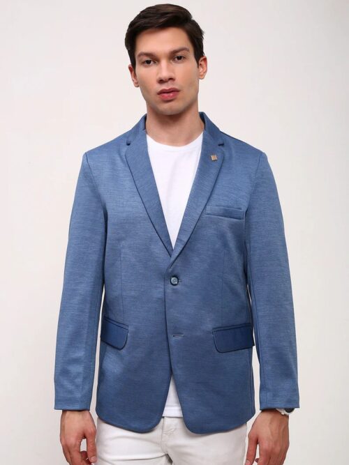Men's Blue Solid Single Breasted Slim-Fit Blazer