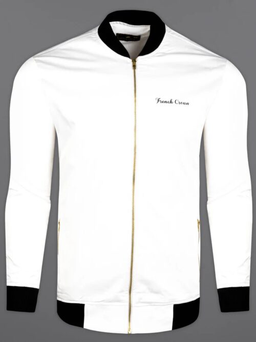 Bright White And Black Printed Premimum  Cotton Signature Bomber Jacket