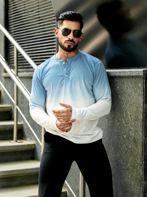 Ombre Blue Dyed Henley Neck T-Shirt