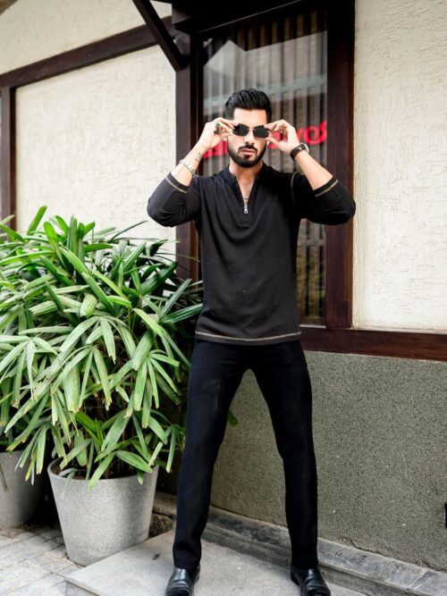 Black Cross  Stitched Elbows Patch Waffle