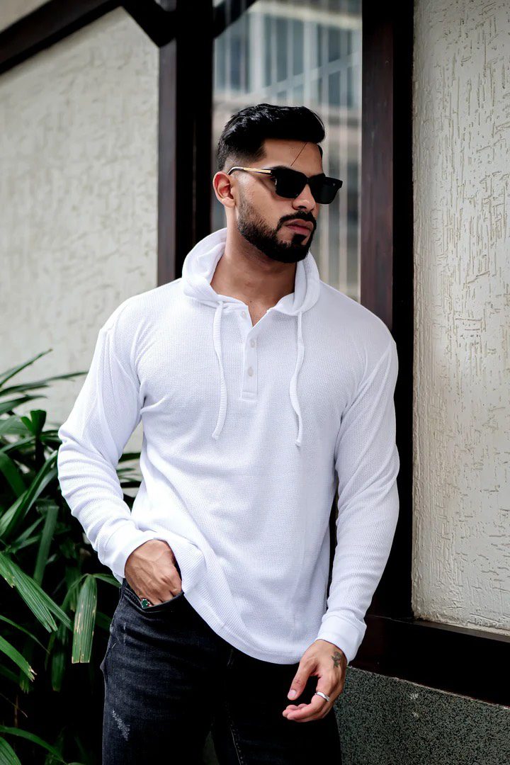 White Waffle Placket Hooded T-Shirt