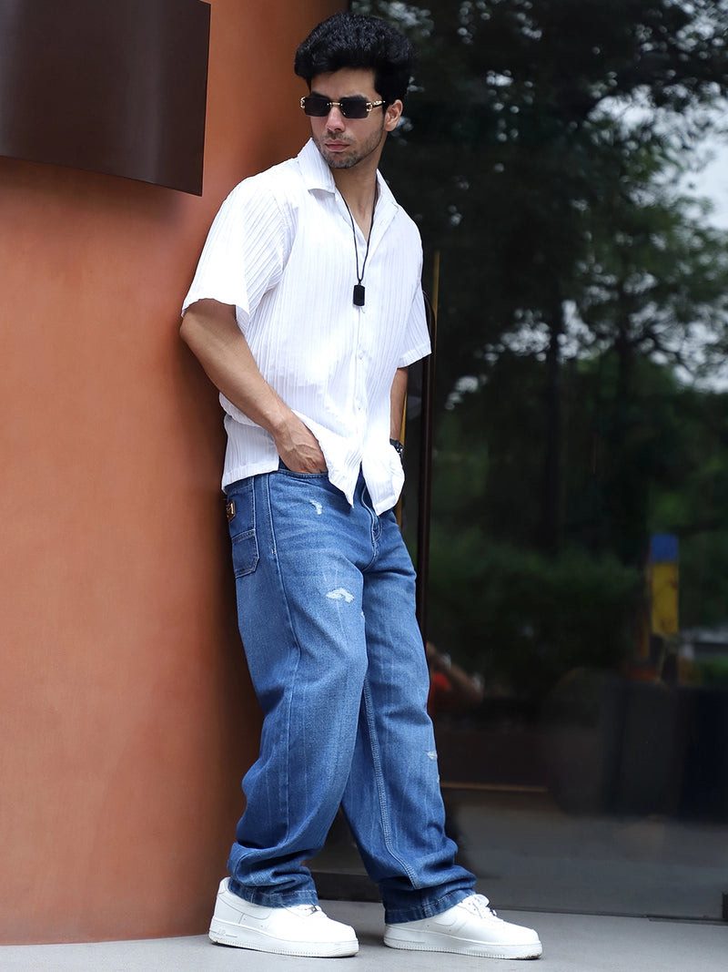 Raw Edge Denim Blue Baggy Fit Jeans