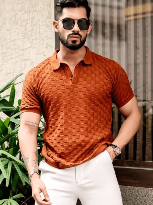Brown Textured Flat Knit Polo T-Shirt