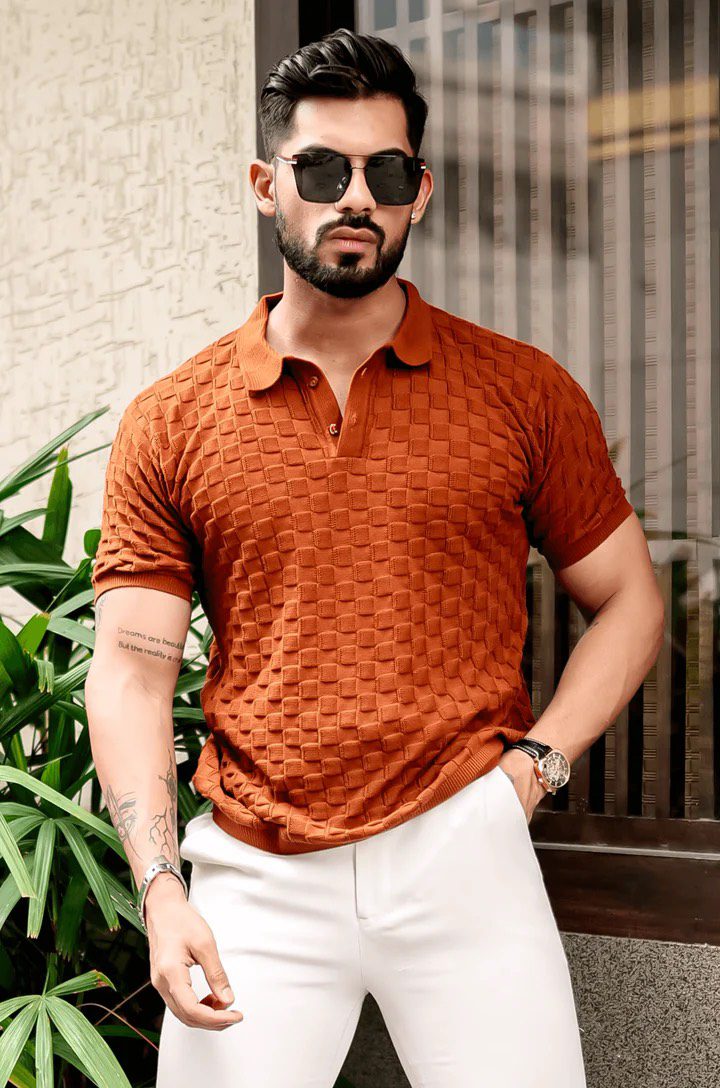 Brown Textured Flat Knit Polo T-Shirt