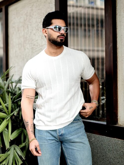 White Premimum Flat Knit Round Neck T-Shirt