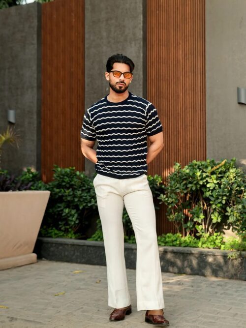 Navy Blue Premimum Flat Knit Round  Neck Striped T-Shirt