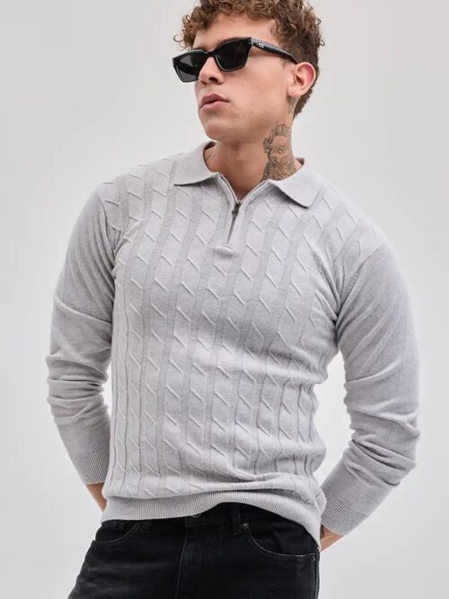 Light Grey Zipper Knitted Polo T-shirt