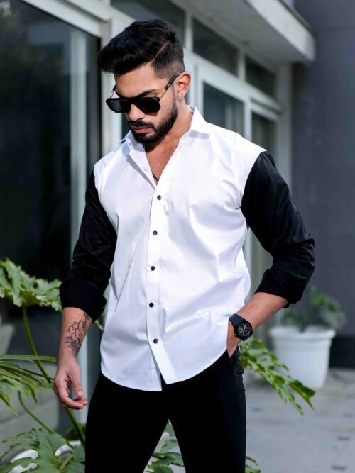 White And Black Satin Cotton Cut N Sew Designer Shirt