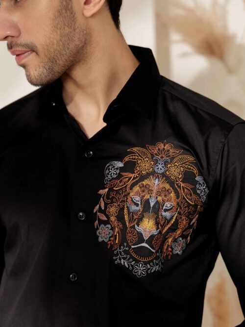 Foomer Black Lion Embroidered  Club Wear Satin Cotton Shirt